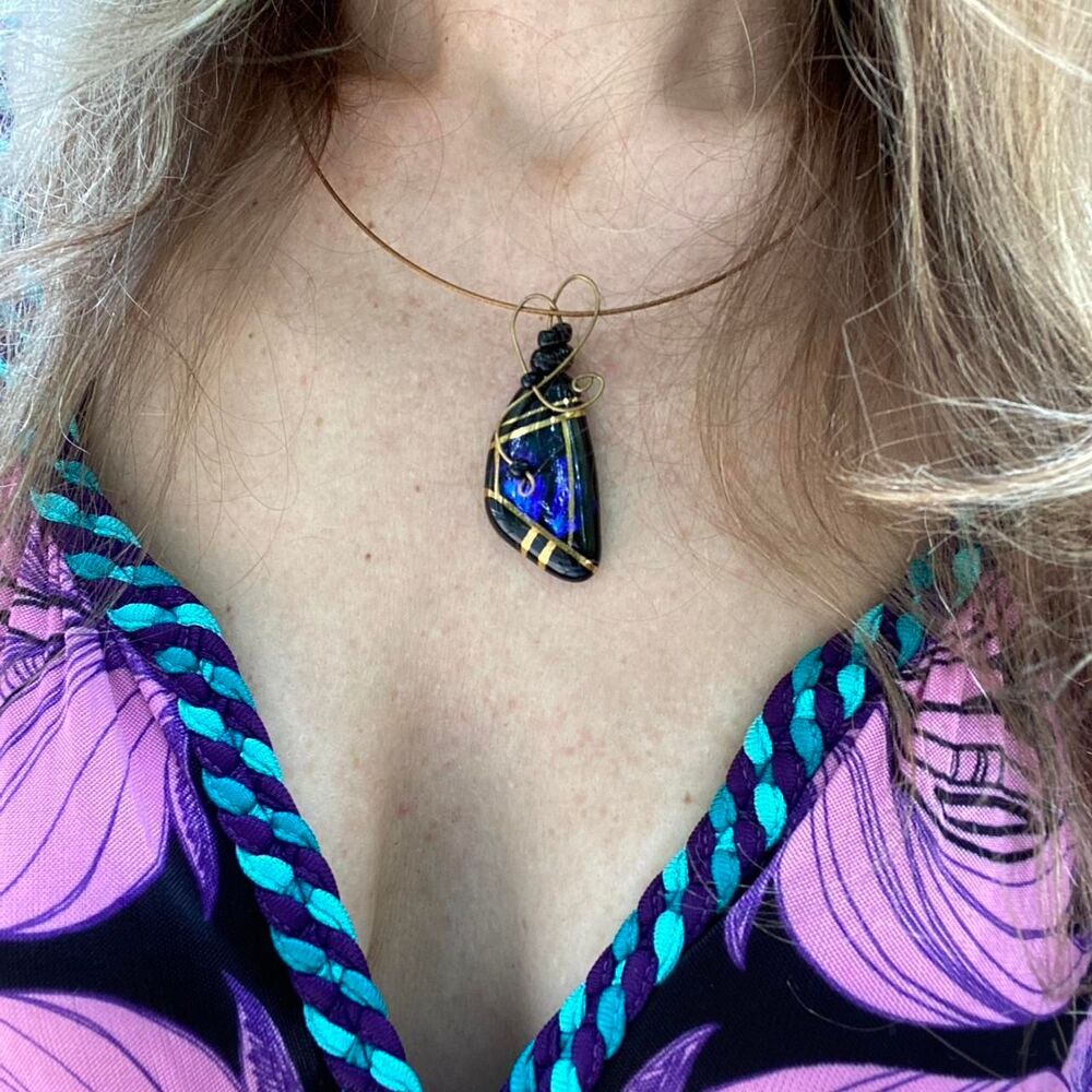 Fused Glass Handmade Pendant Necklace Black Blue OOAK